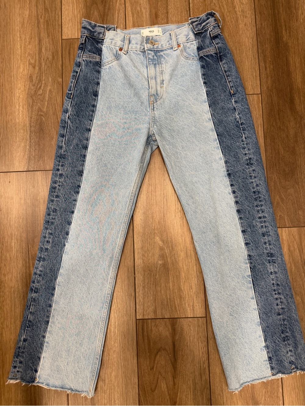 MNG Two-Tone Panel Straight-Leg Jeans - Light & Dark Blue size 8
